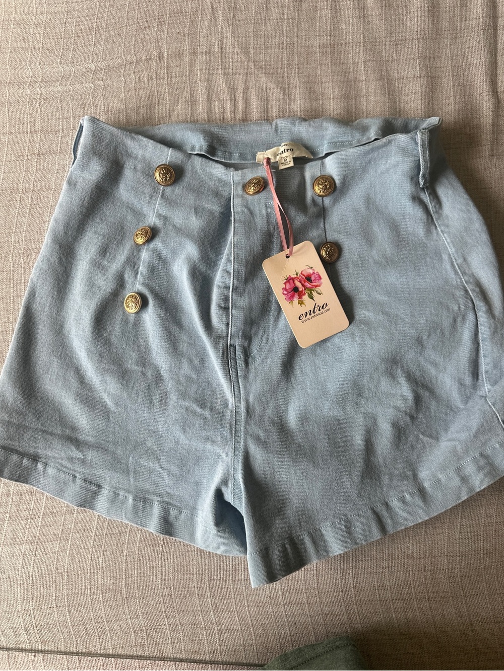 entro Light Blue High Waist Women’s Shorts with Gold Buttons